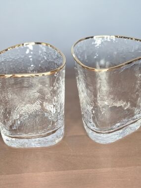 Set of Two Old Fashioned Whiskey Textured Clear Glass Tumblers with Gold Rim